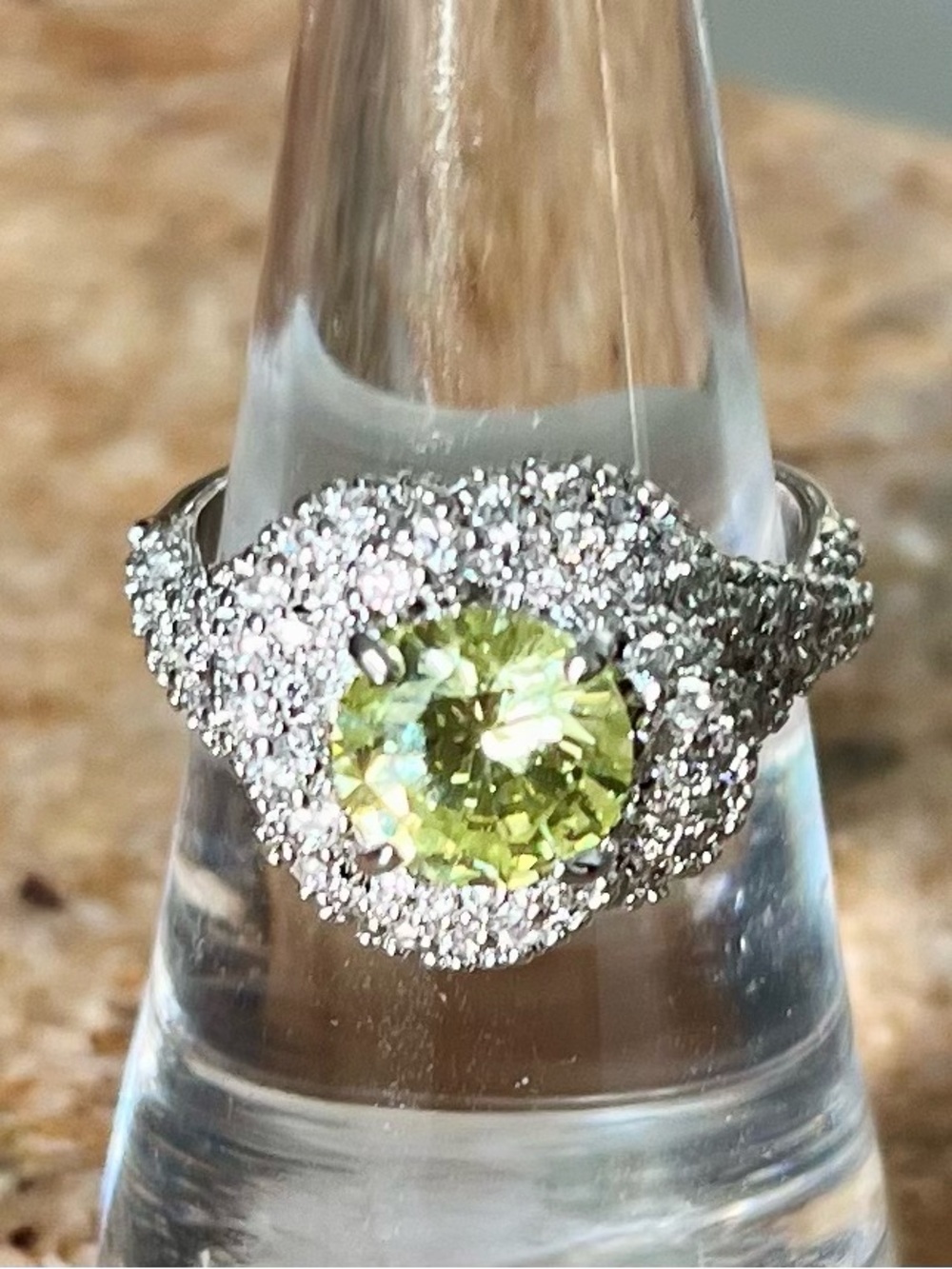 Bomb Party RETRO RBP2465 Bird’s Nest Peridot on Rhodium Ring HTF